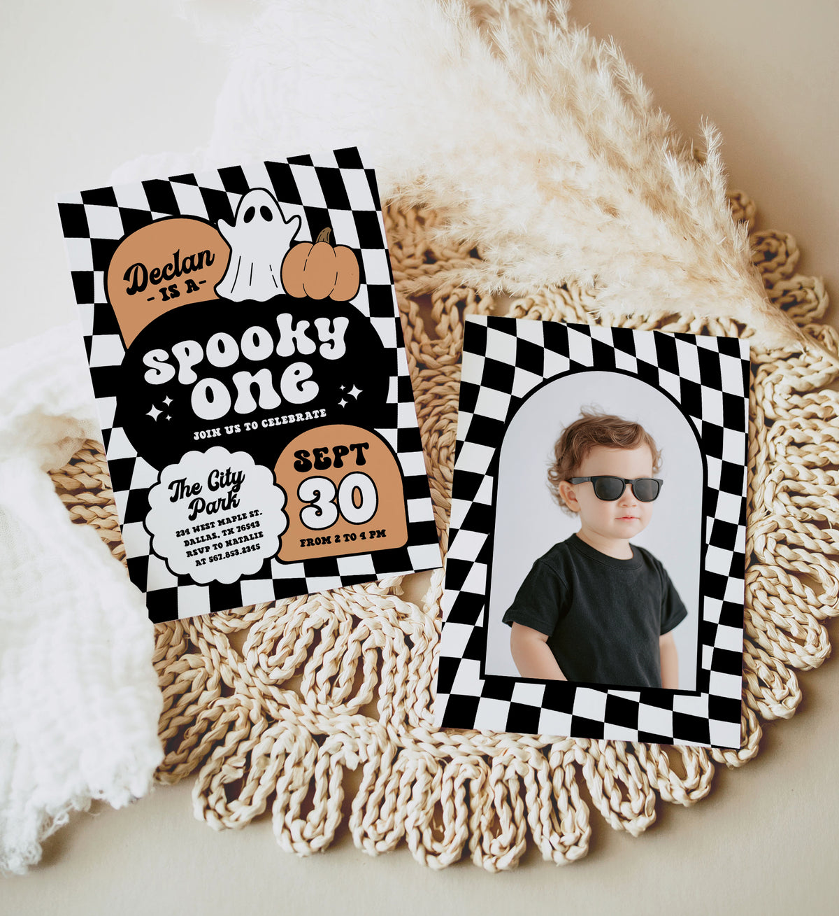 Orange Retro Checker Spooky One Halloween Birthday Invitation