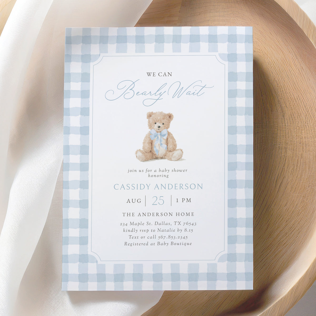 Blue Gingham Teddy Bear Baby Shower Invitation