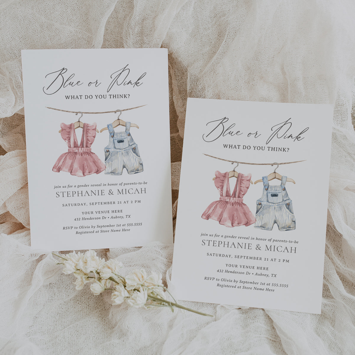 Editable Pink and Blue Baby Clothes Gender Reveal Invitation Template v2