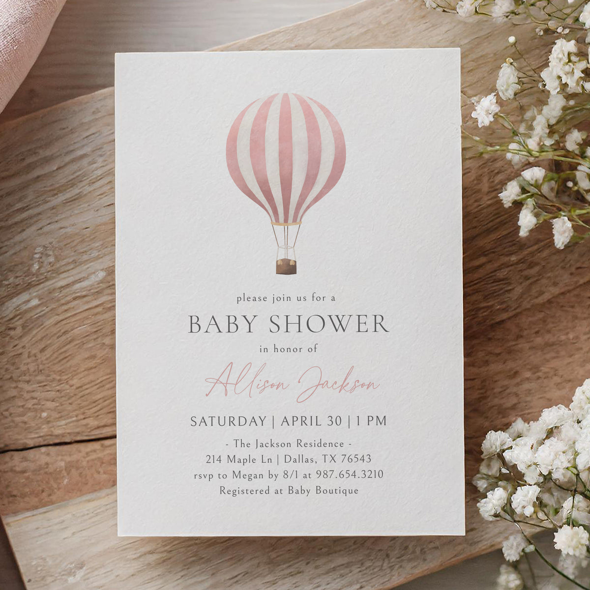 Minimalist Pink Hot Air Balloon Baby Shower Invitation