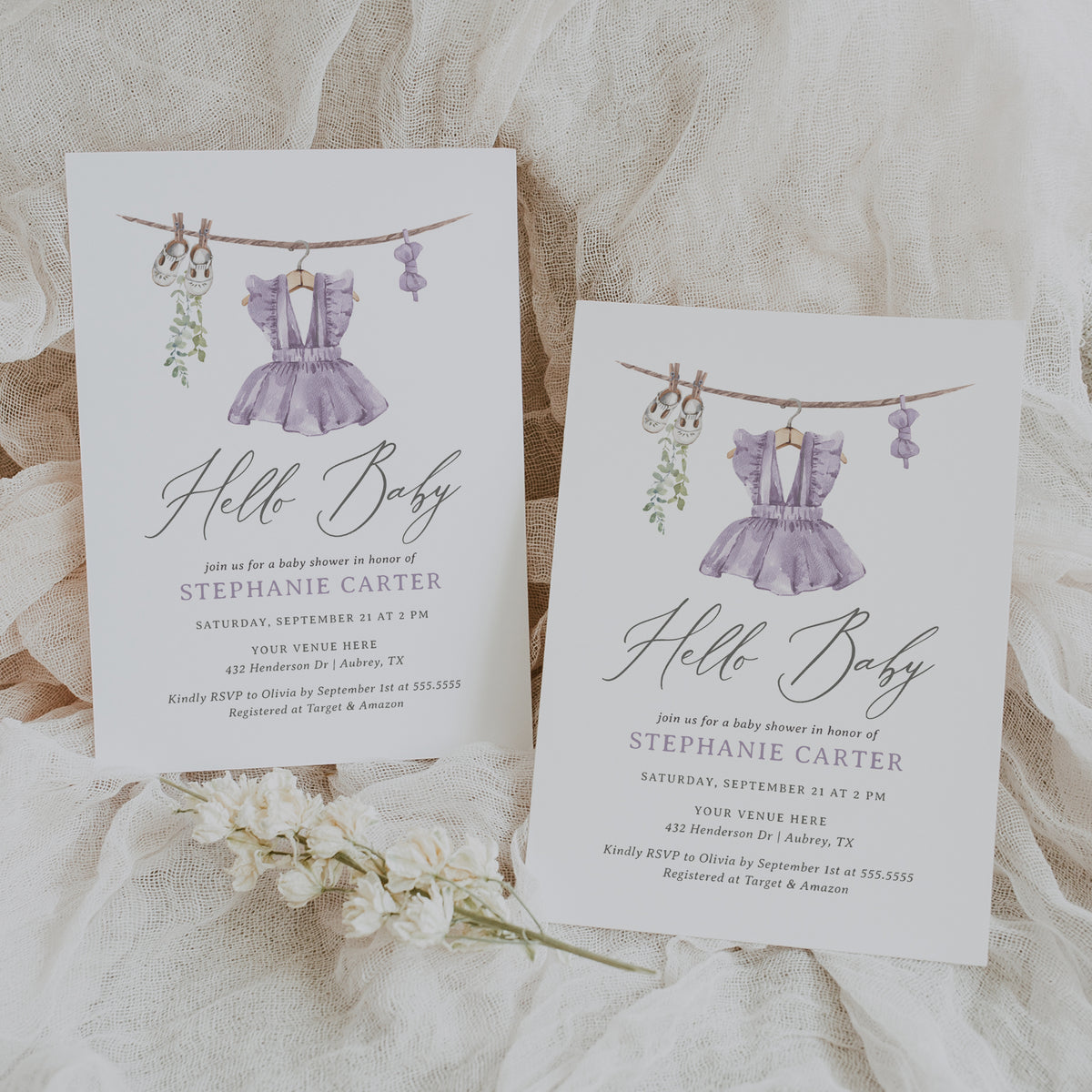 Purple Baby Clothes Baby Shower Invitation Template