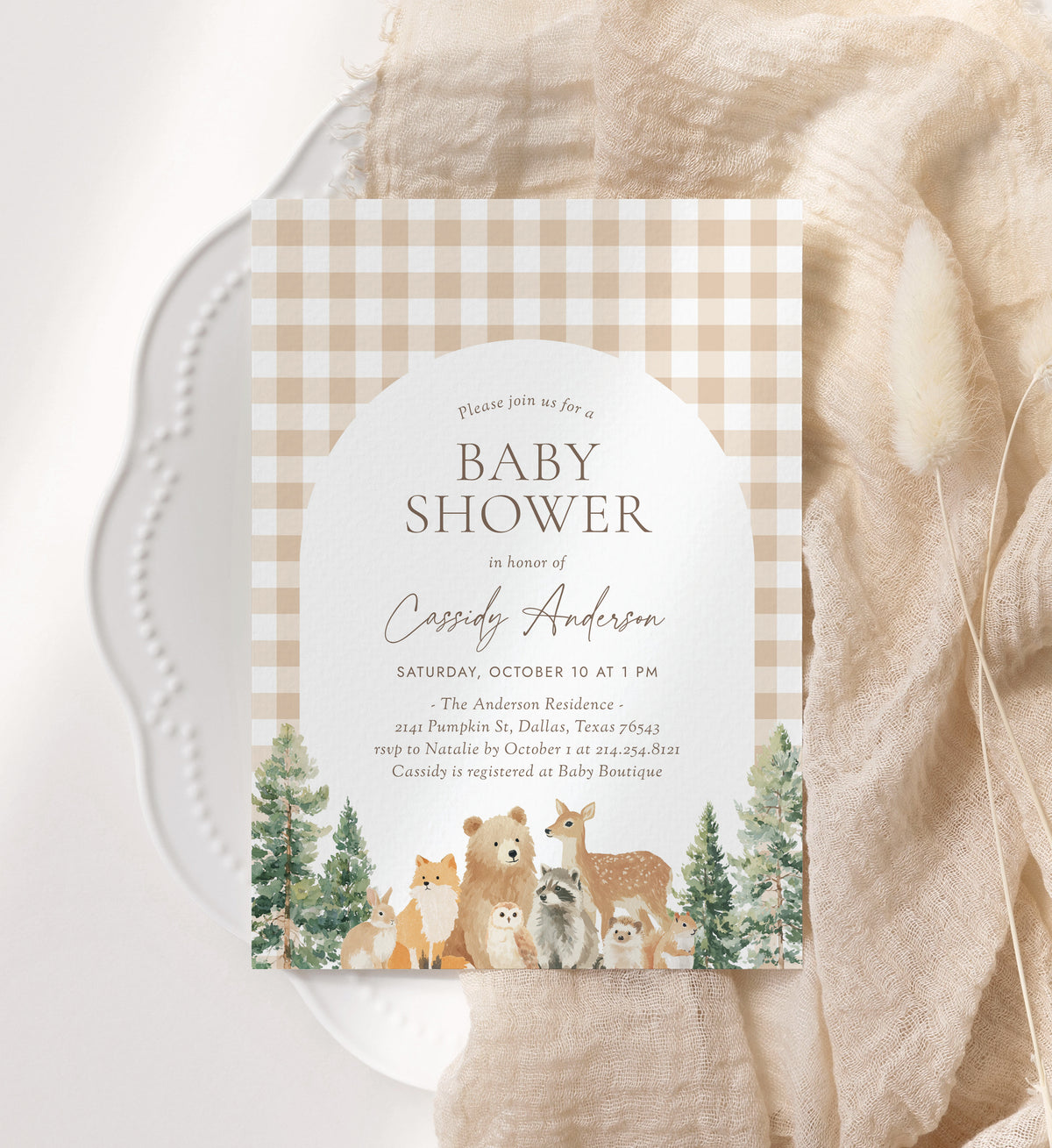 Woodland Gingham Baby Shower Invitation