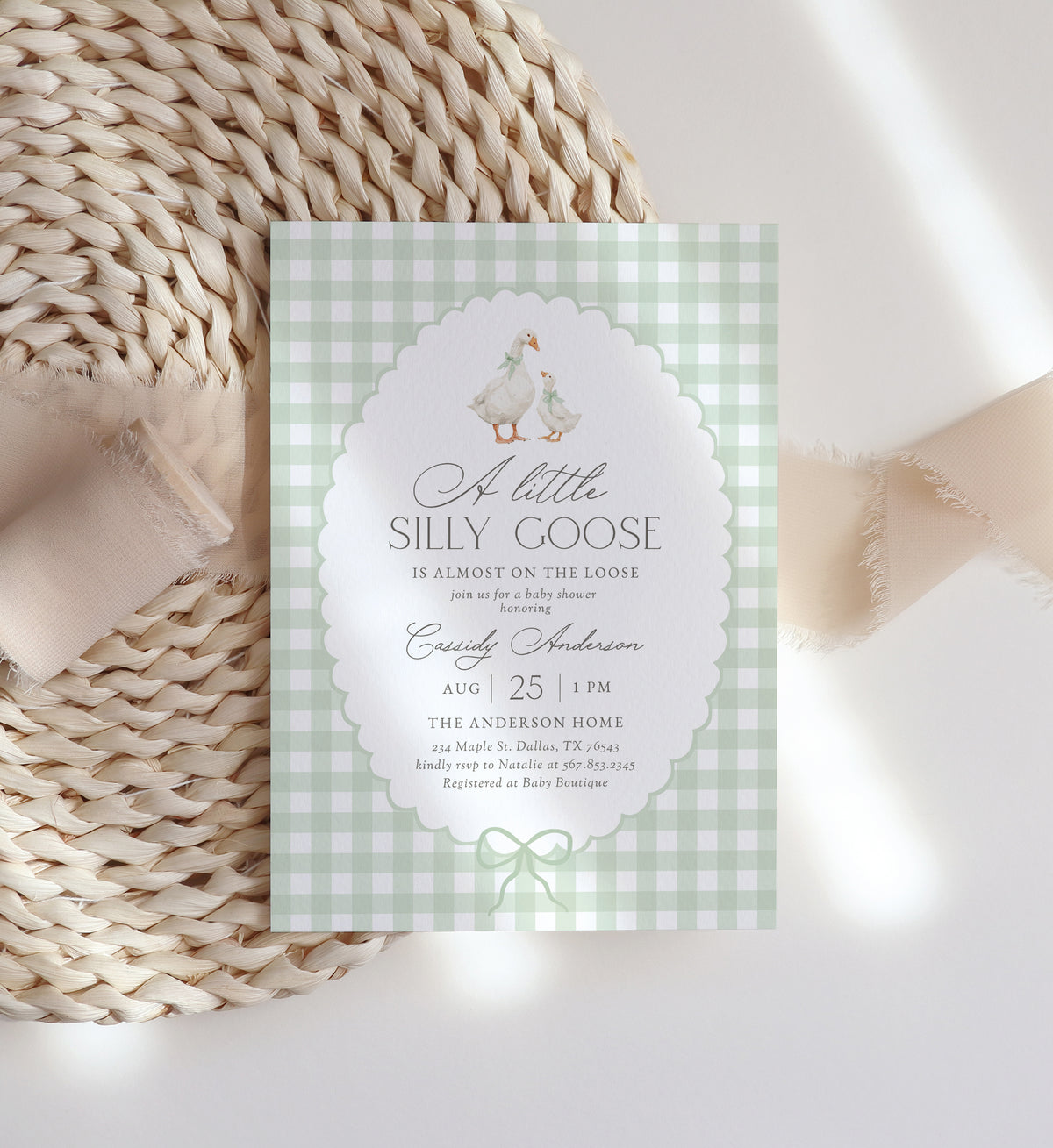 Sage Green Gingham Goose Baby Shower Invitation