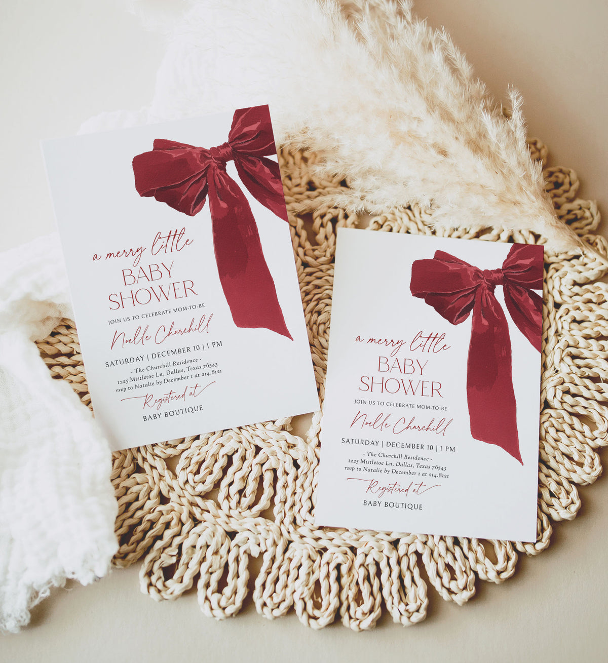 Red Christmas Bow Baby Shower Invitation