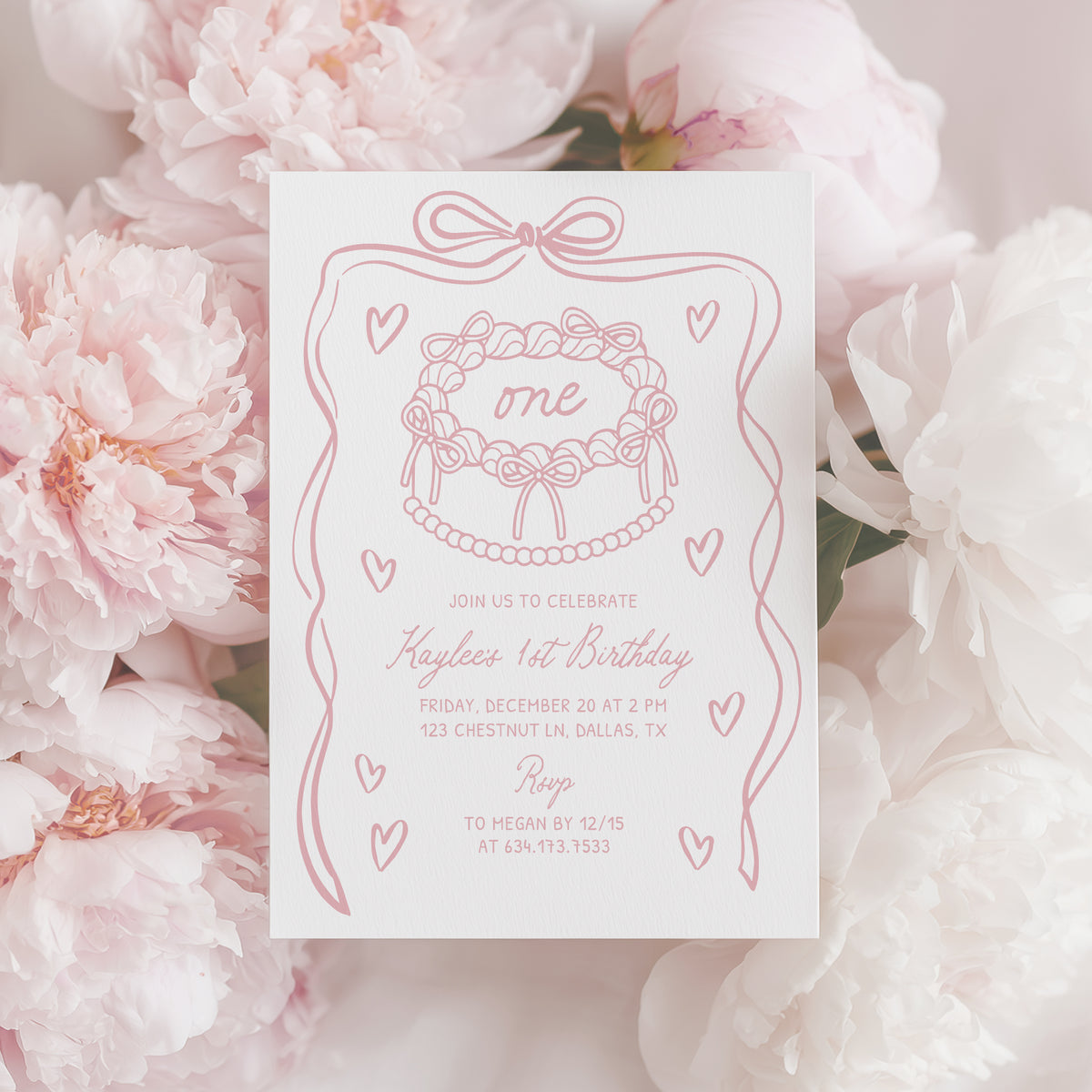 Pink Hand Drawn Bow First Birthday Invitation