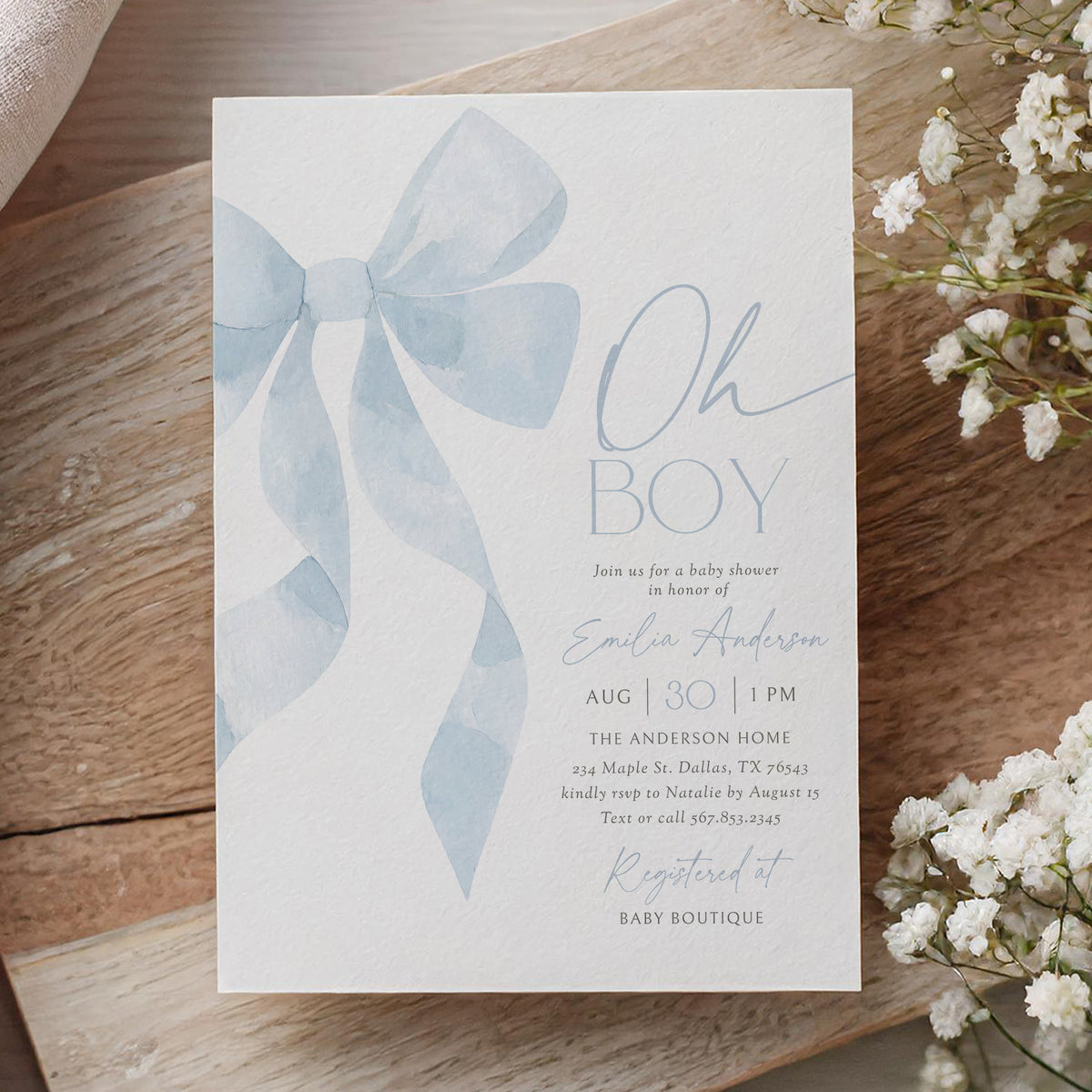 Blue Bow Baby Shower Invitation
