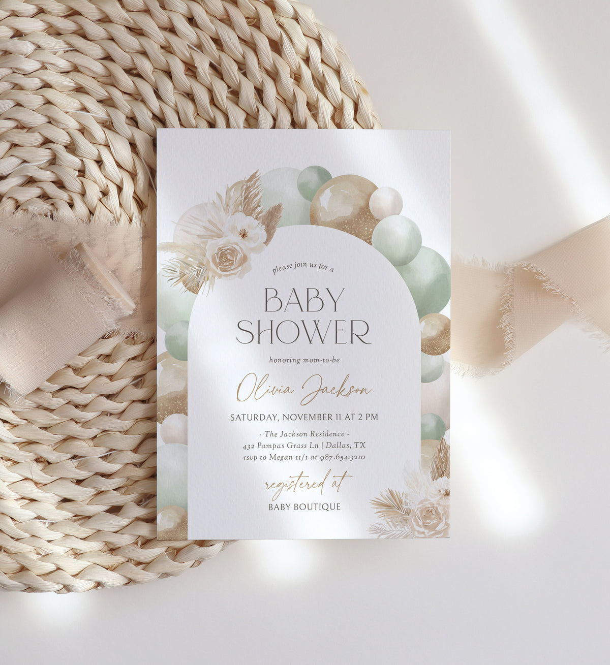 Sage Green Balloon Arch Baby Shower Invitation