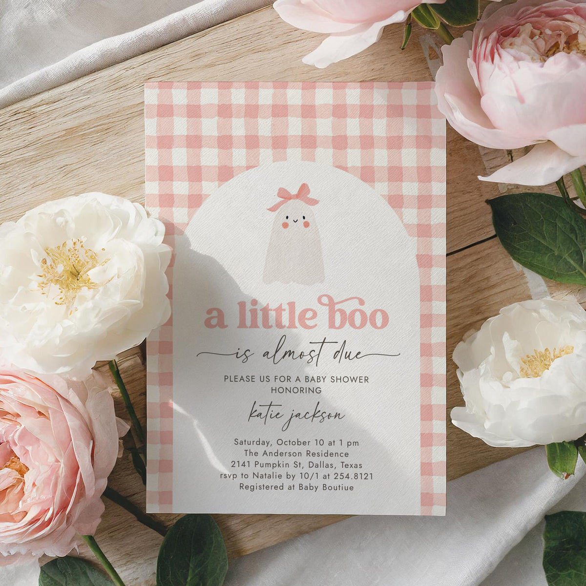 Little Boo Pink Gingham Baby Shower Invitation