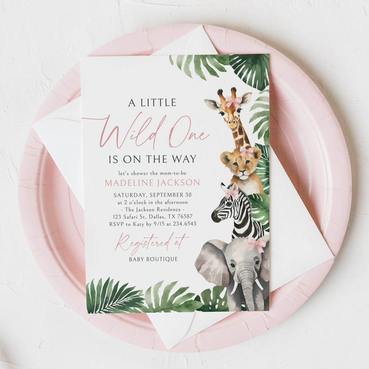 Pink Wild One Safari Baby Shower Invitation