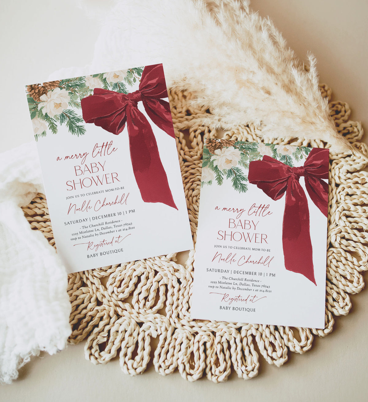 Red Christmas Bow and Greenery Baby Shower Invitation