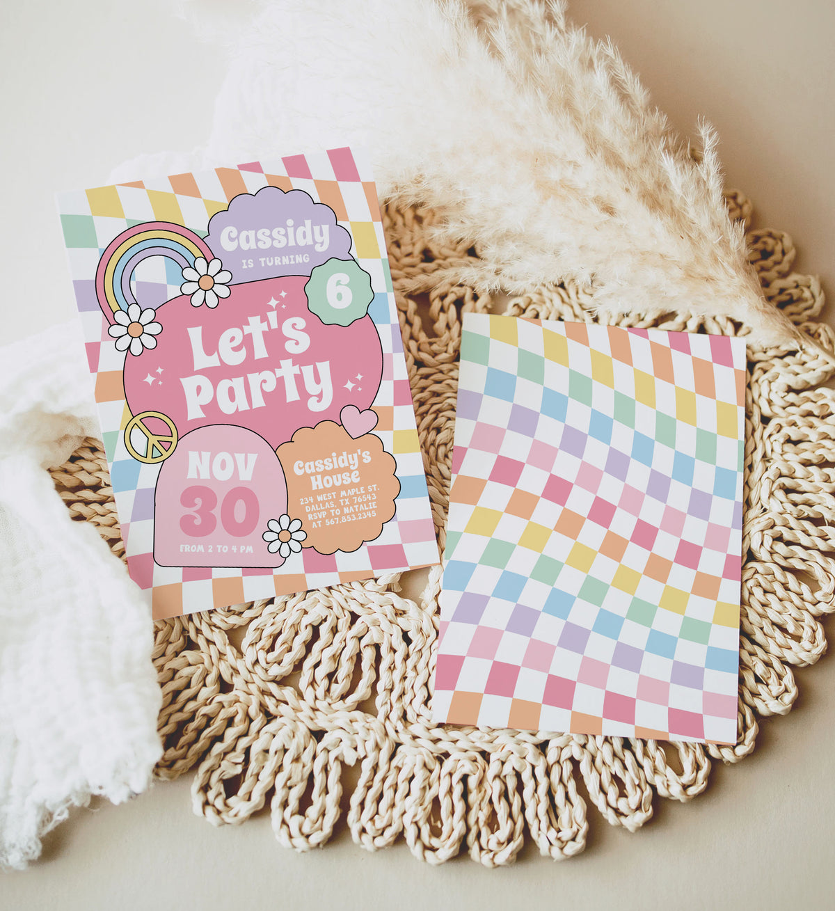 Groovy Pastel Rainbow Checker Birthday Invitation