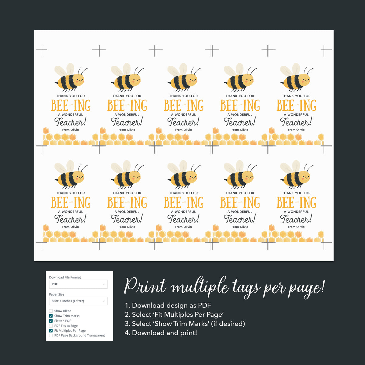 Bee Teacher Appreciation Tag Template