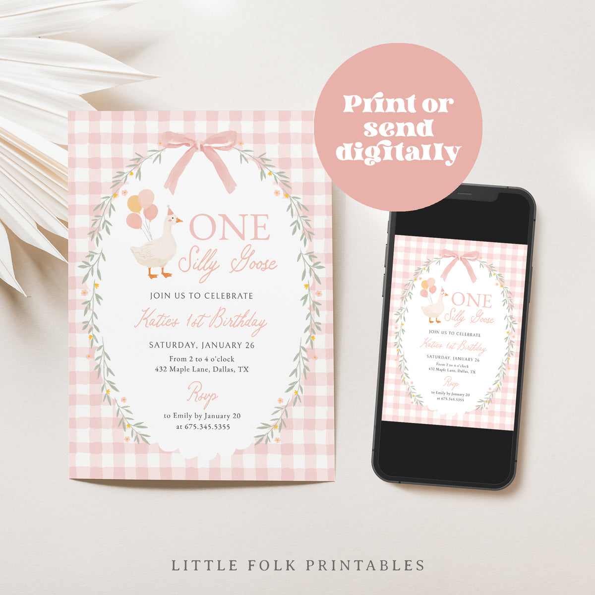 Pink Gingham Silly Goose Birthday Invitation