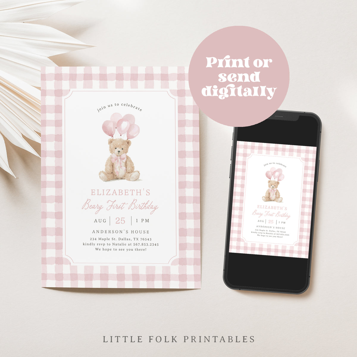 Pink Gingham Teddy Bear Birthday Invitation