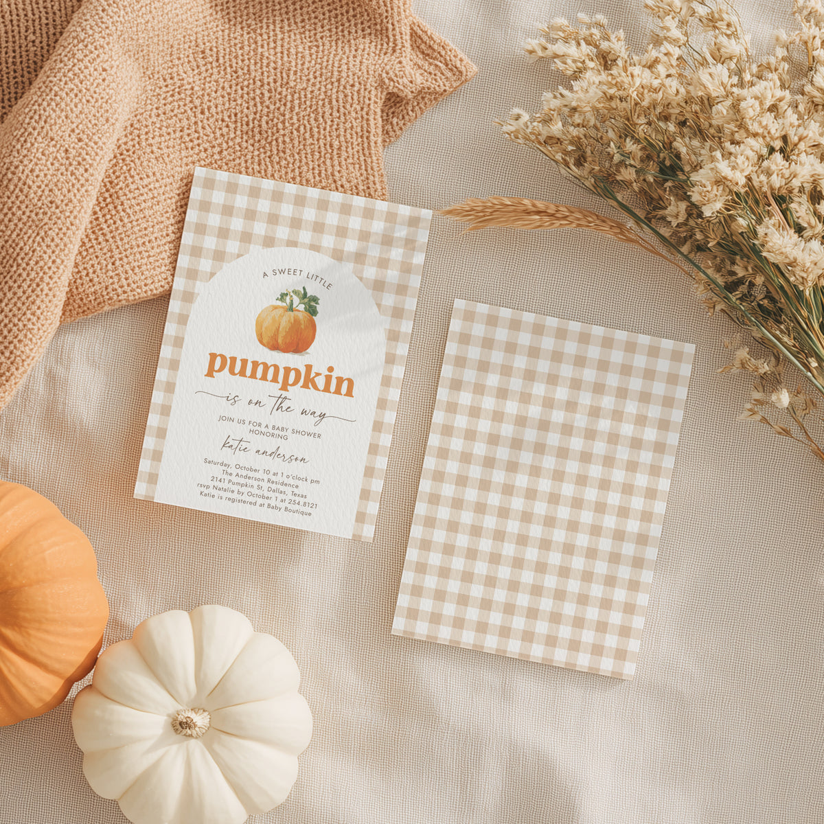Neutral Gingham Pumpkin Baby Shower Invitation