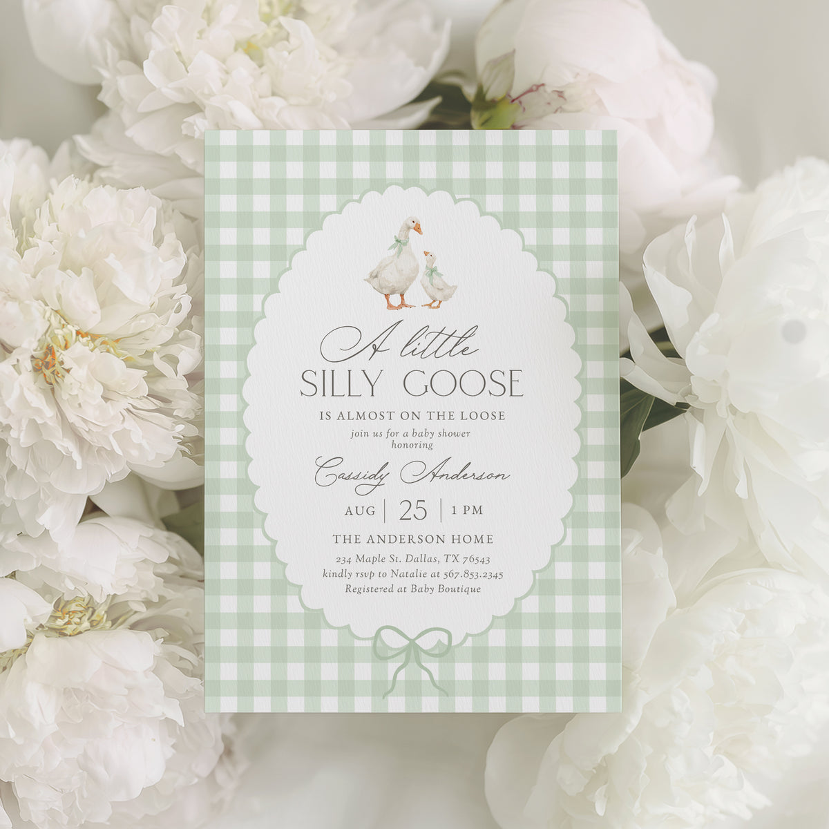 Sage Green Gingham Goose Baby Shower Invitation