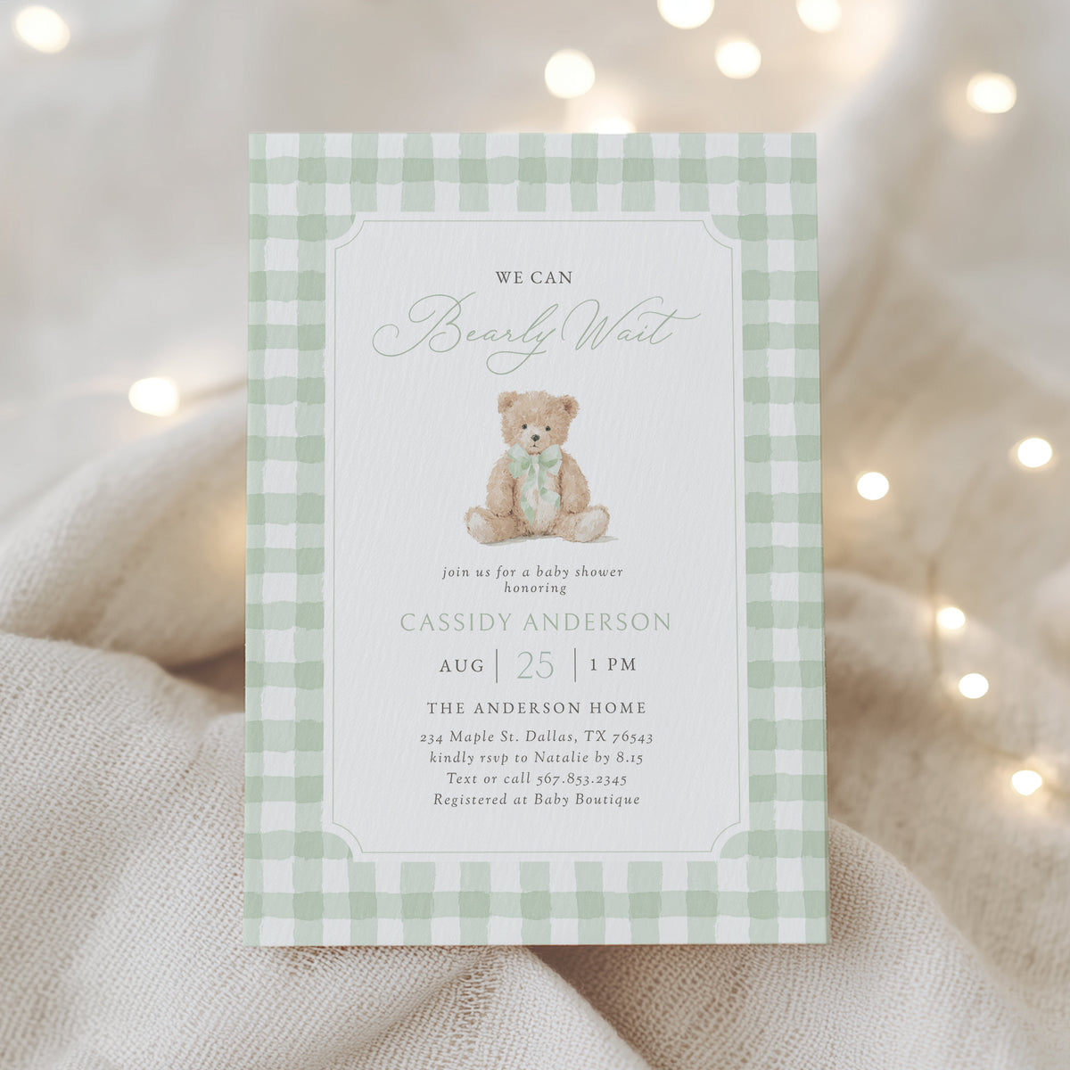 Sage Green Gingham Teddy Bear Baby Shower Invitation