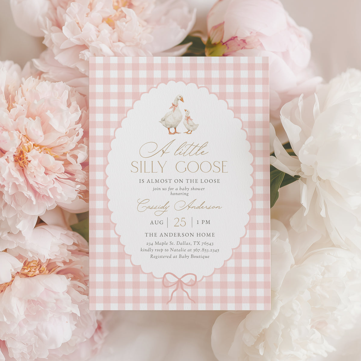 Pink Gingham Goose Baby Shower Invitation