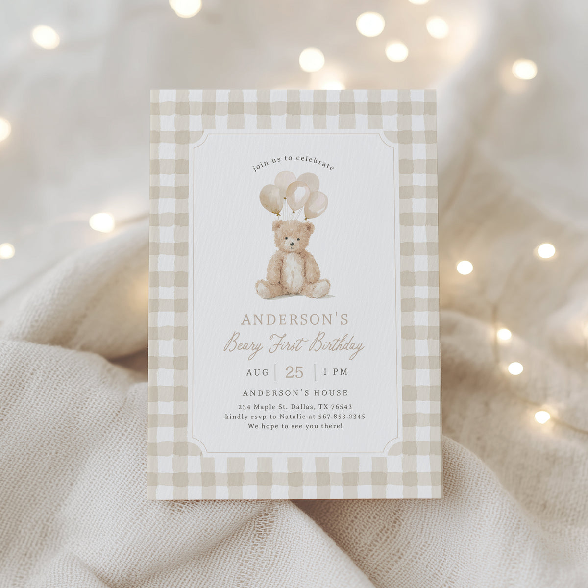 Neutral Gingham Teddy Bear Birthday Invitation