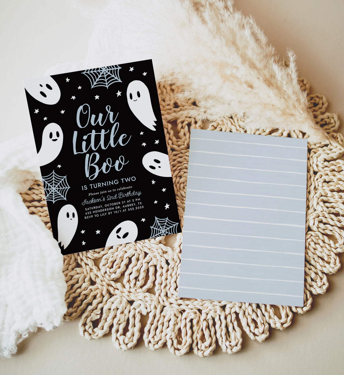 Little Boo Birthday Party Invitation Template (Black & Blue)