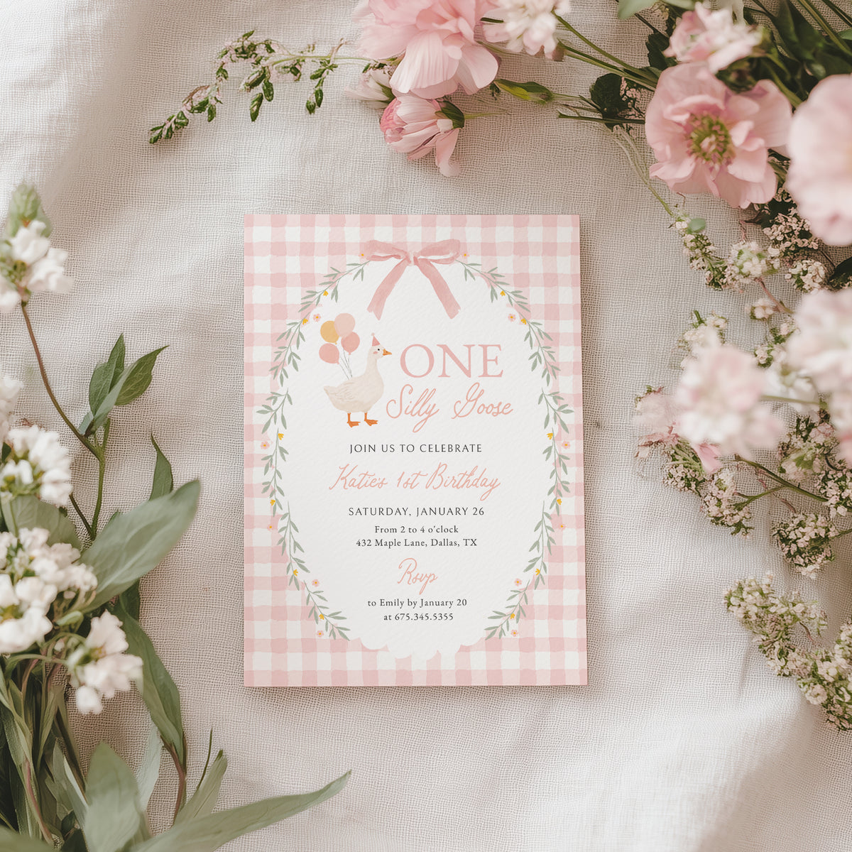 Pink Gingham Silly Goose Birthday Invitation