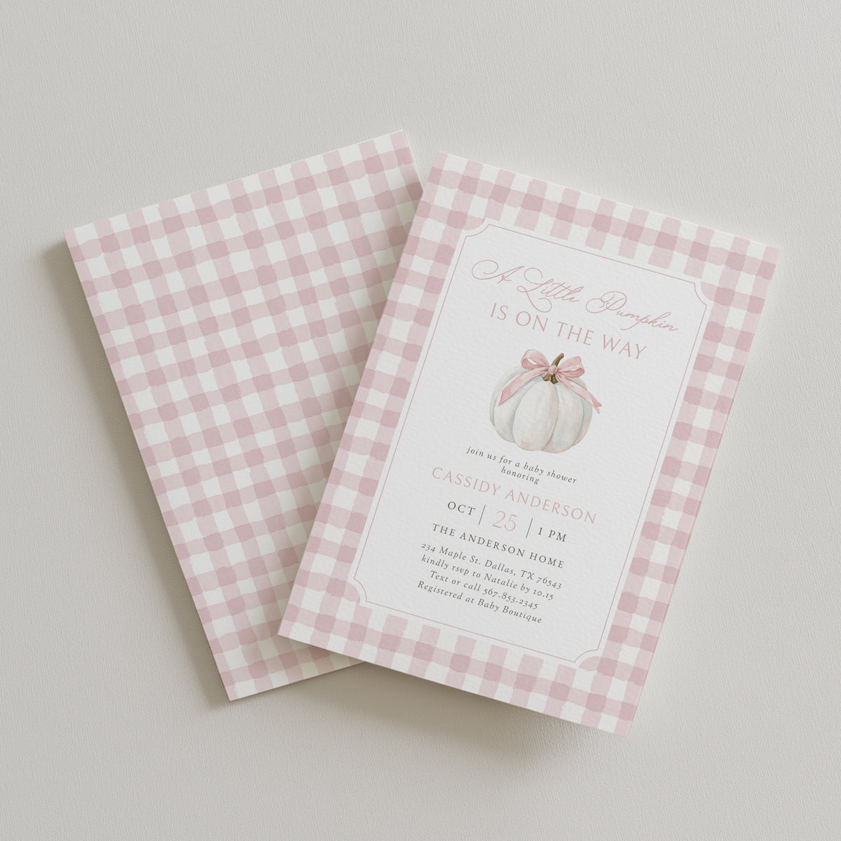 Pink Gingham Pumpkin Baby Shower Invitation