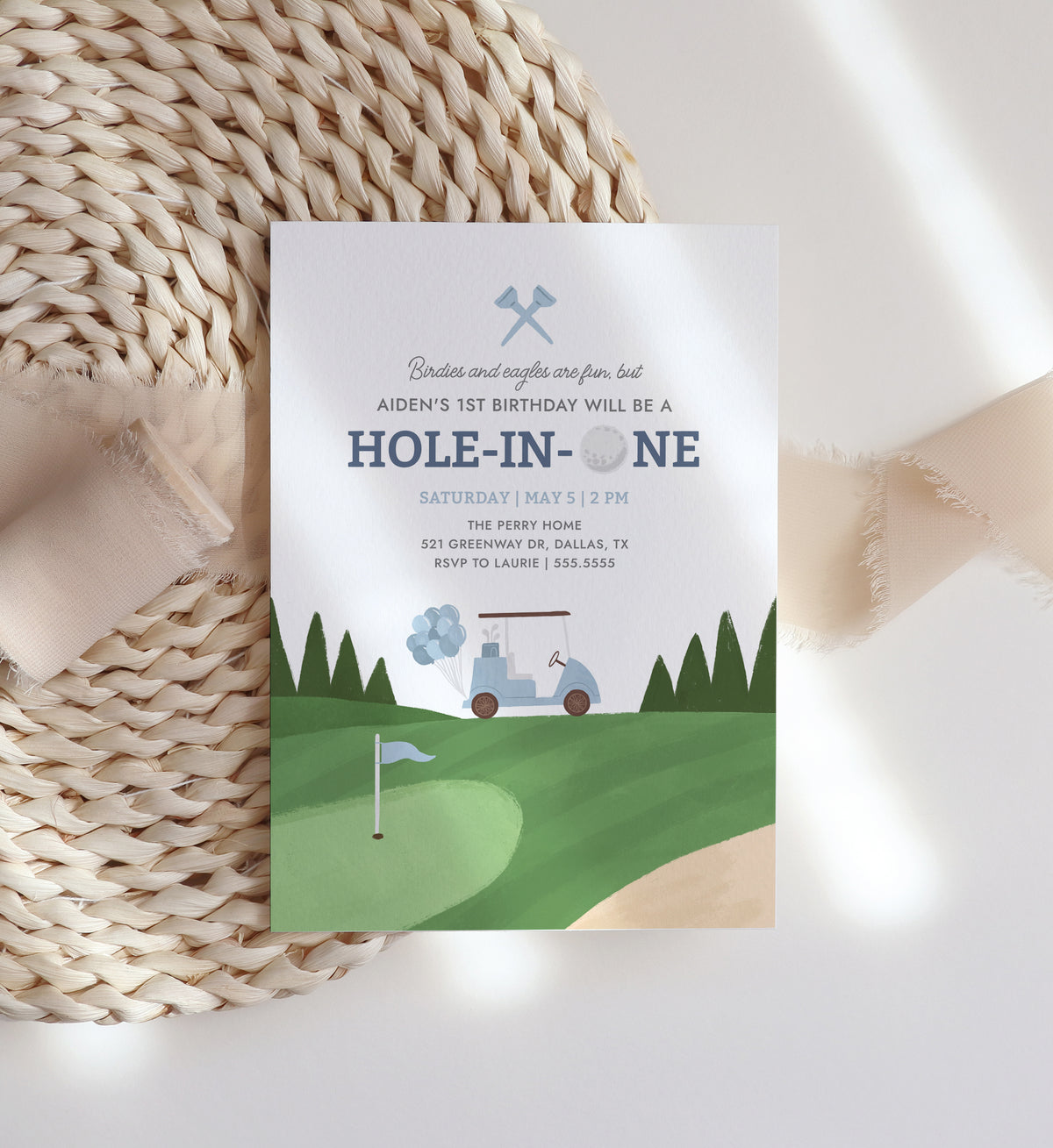 Editable Blue Golf 1st Birthday Invitation Template
