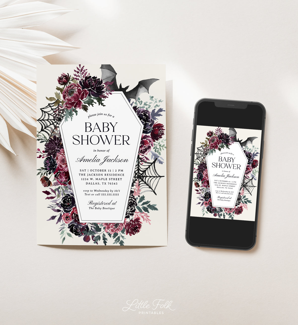 Floral Coffin Halloween Baby Shower Invitation Template