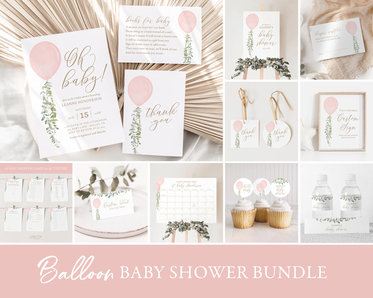 Editable Pink Balloon Baby Shower Invitation Bundle