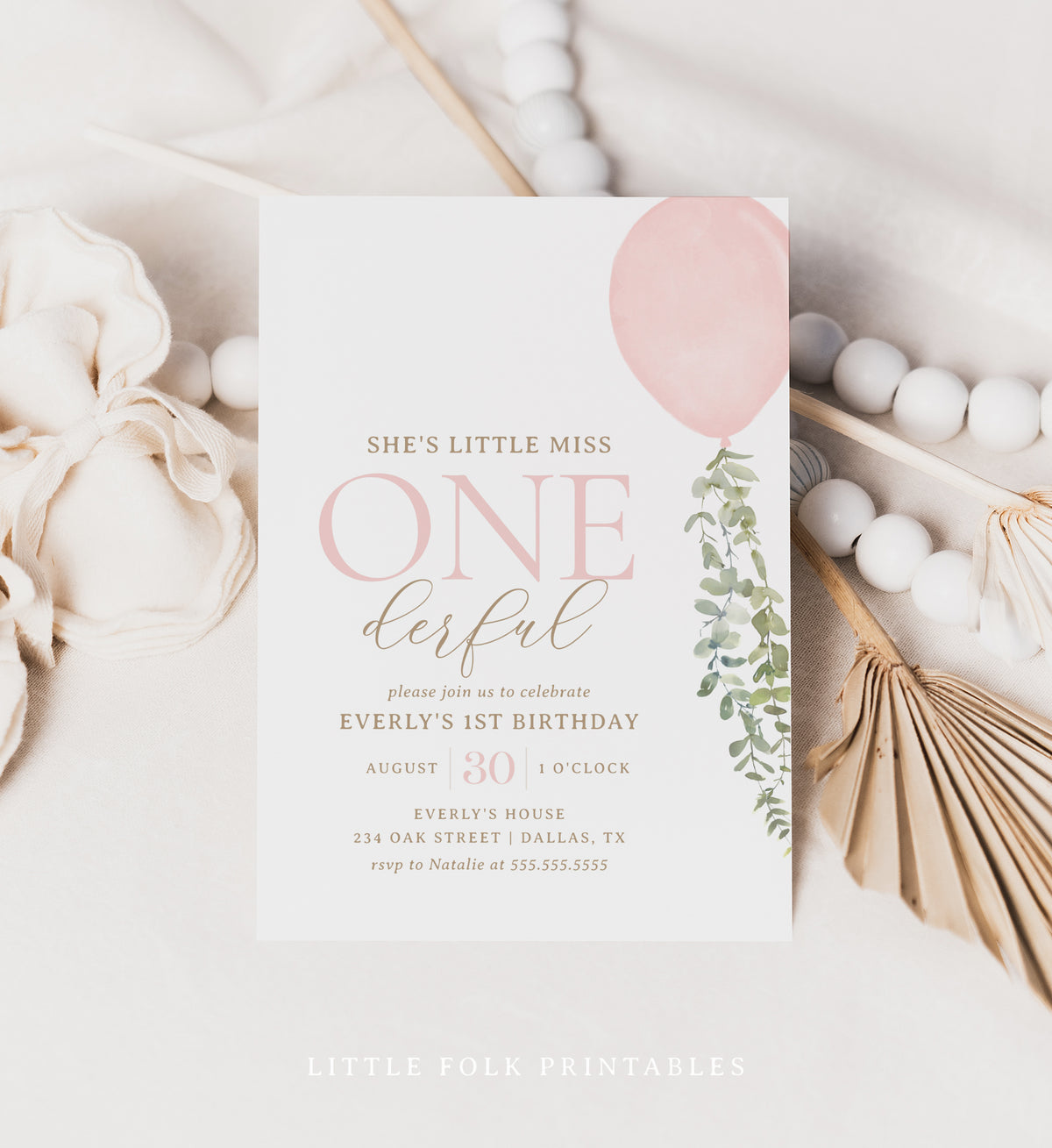 Editable Little Miss Onederful Pink Balloon Birthday Party Invitation Template