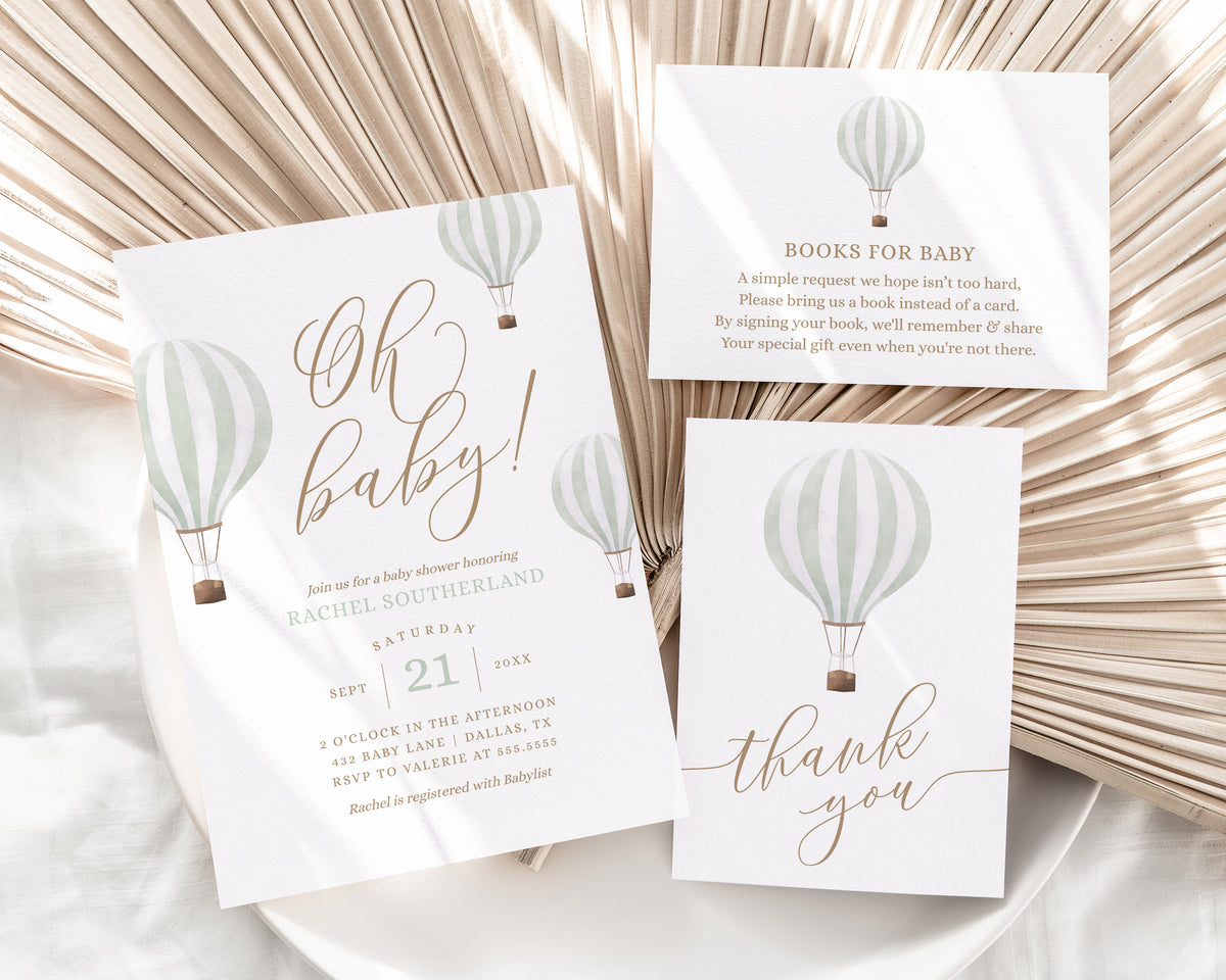 Editable Green Hot Air Balloon Baby Shower Invitation Bundle