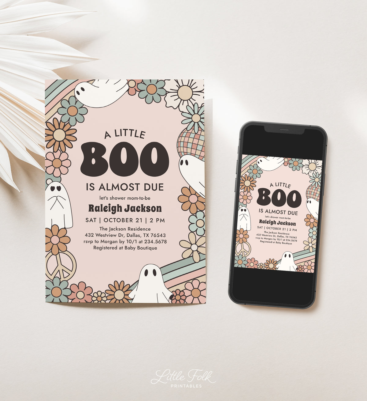 Little Boo Retro Ghost Baby Shower Invitation Template (Pink)