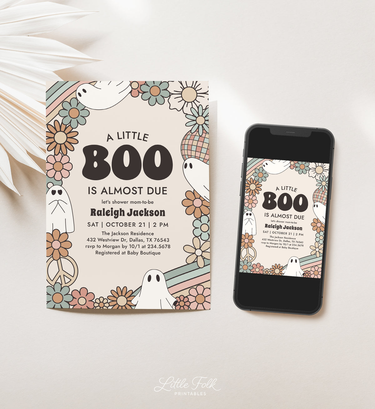 Little Boo Retro Ghost Baby Shower Invitation Template (Neutral)