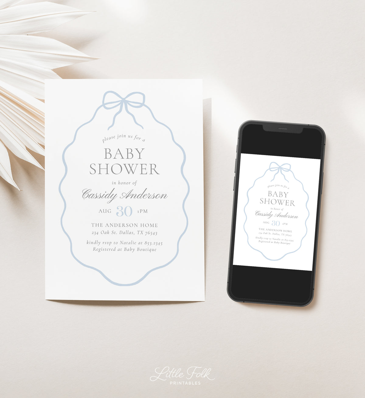 Vintage Blue Bow Baby Shower Invitation Template