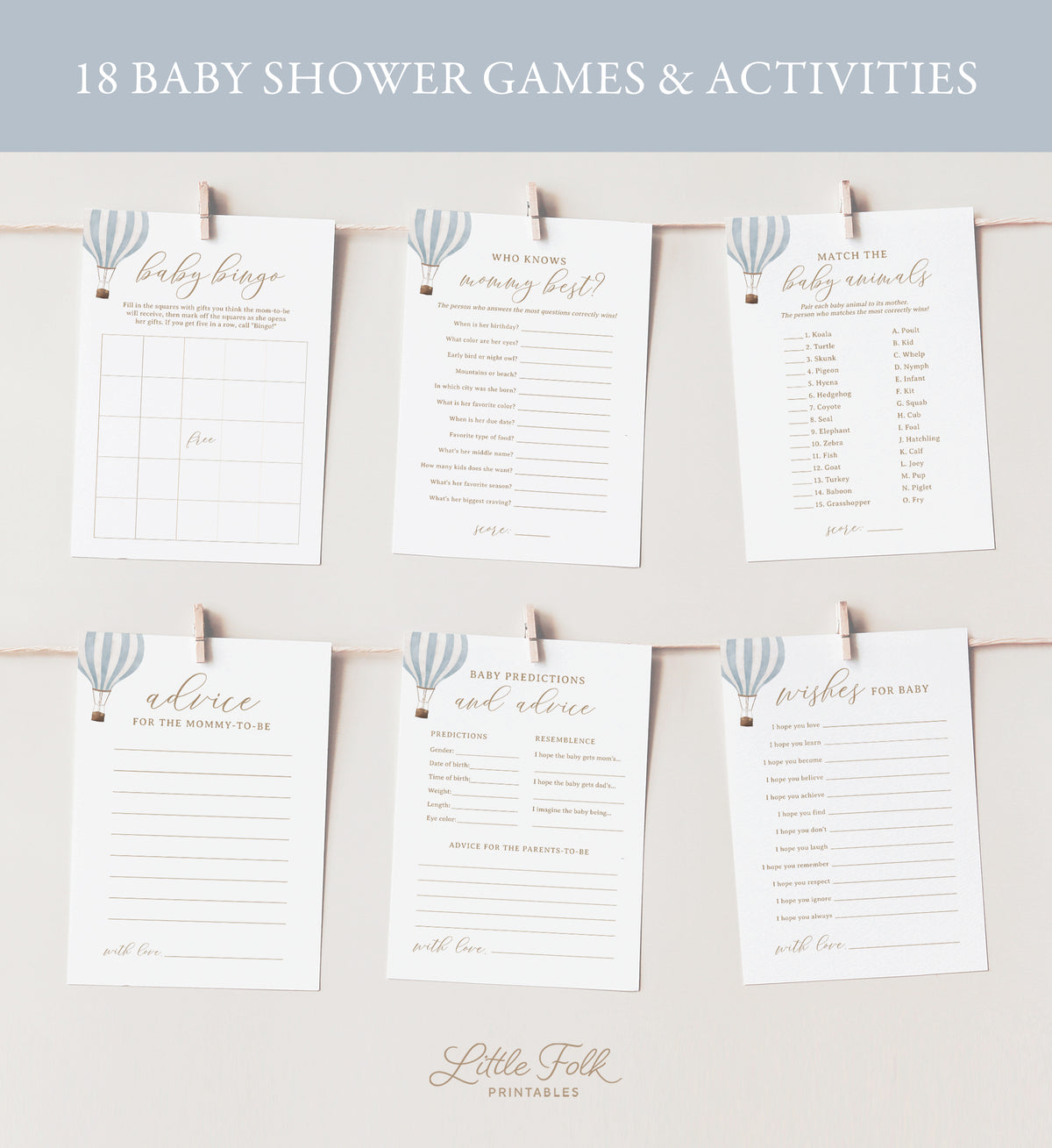 Editable Blue Hot Air Balloon Baby Shower Games Bundle