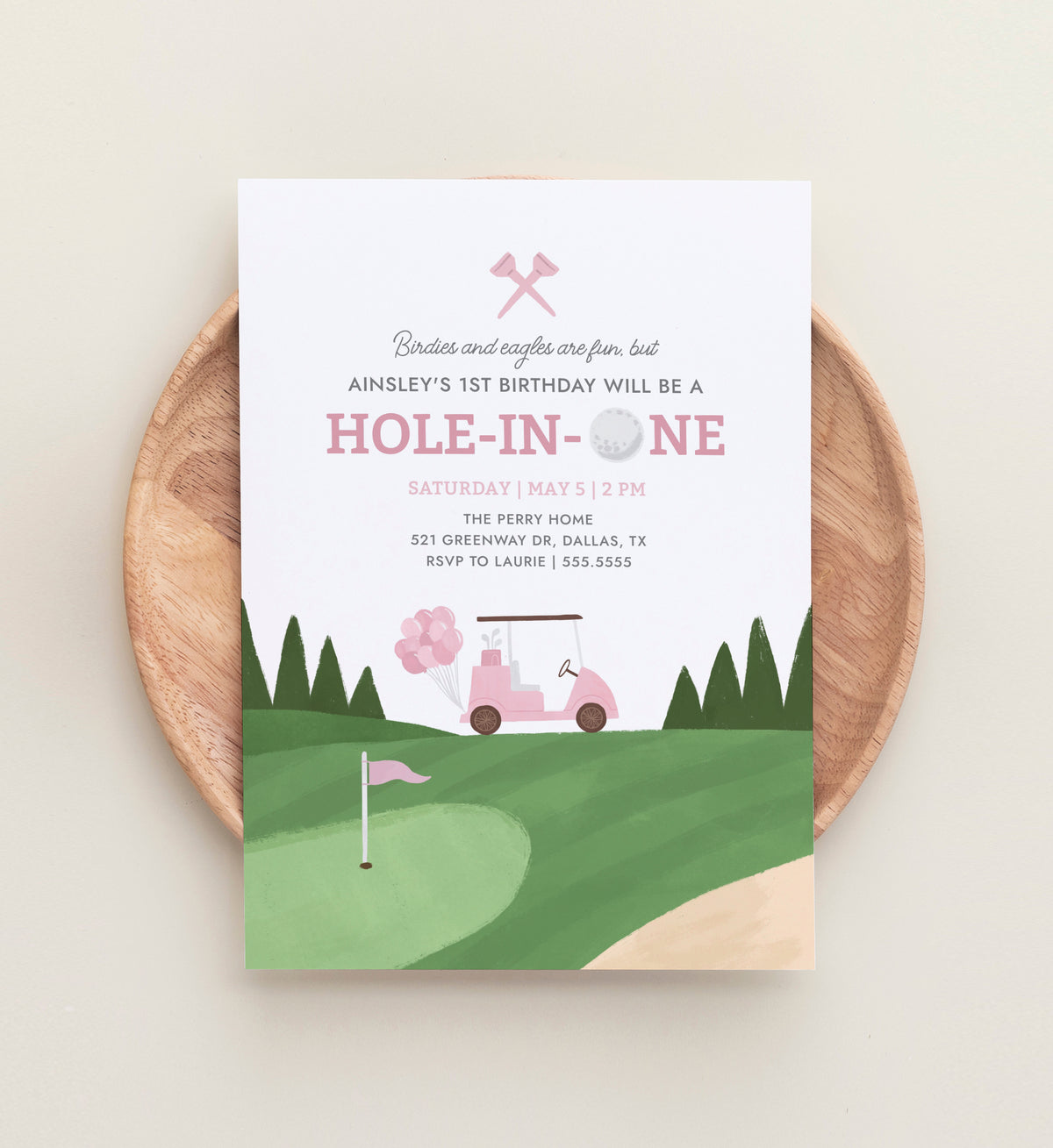 Editable Pink Golf 1st Birthday Invitation Template