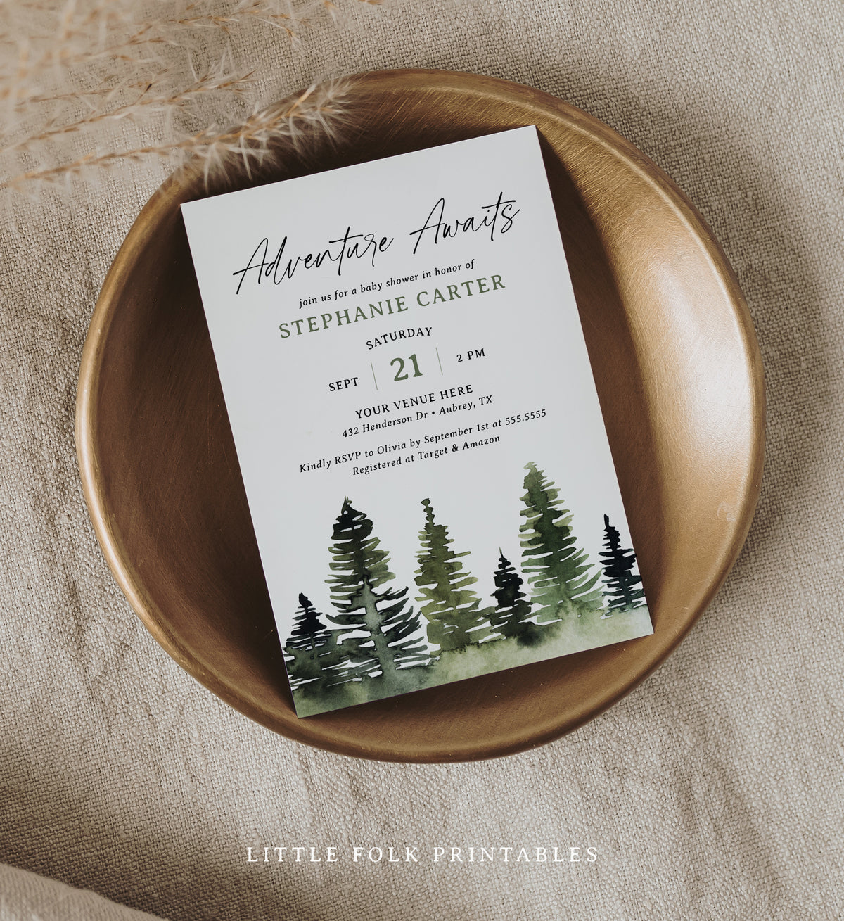 Watercolor Pine Tree Baby Shower Invitation Template