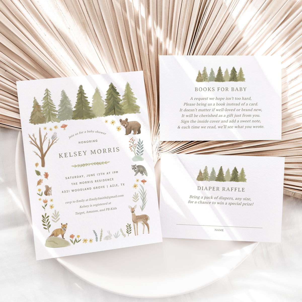 Editable Woodland Baby Shower Invitation Suite Template - Set of 3