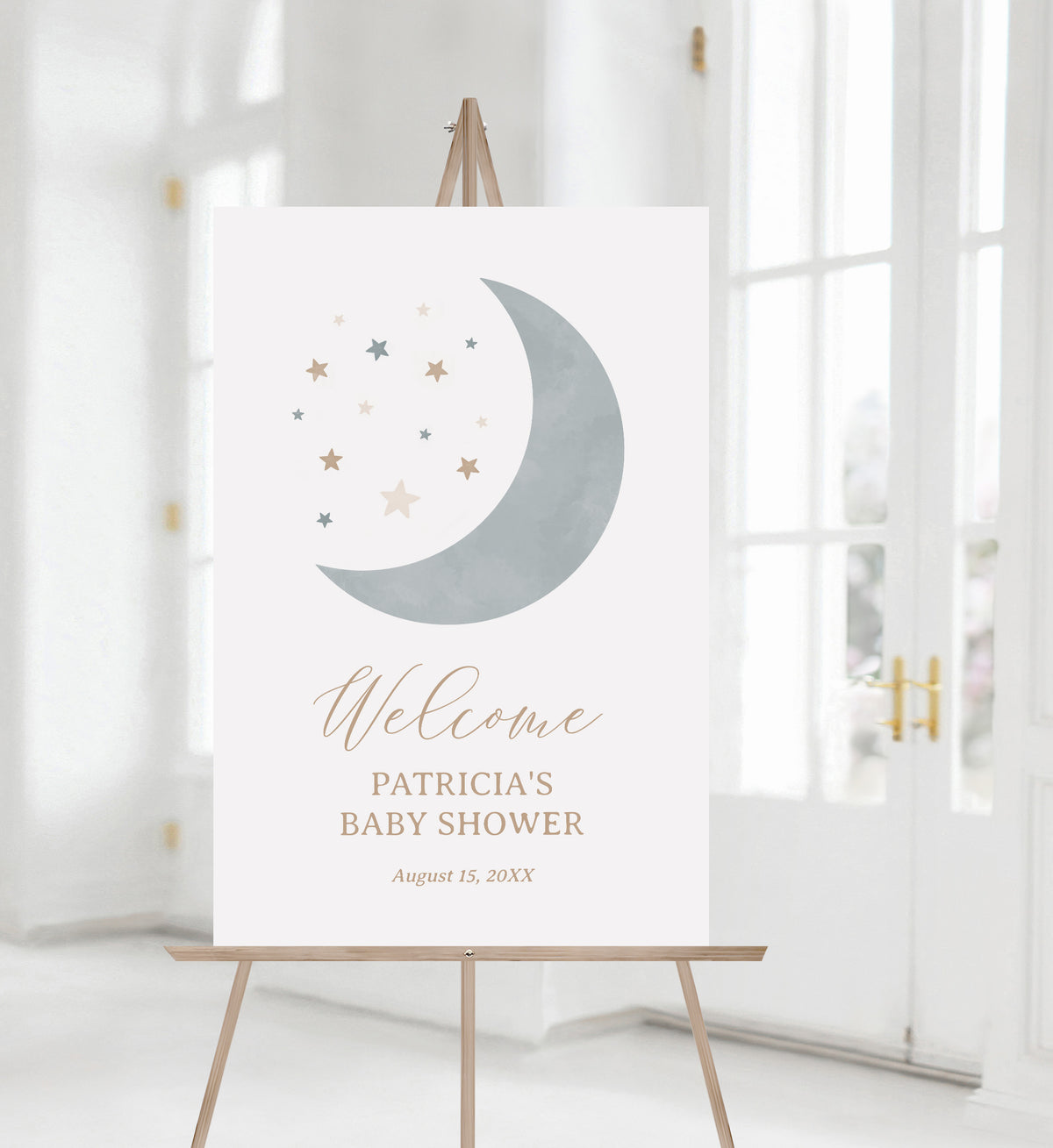 Editable Blue Over the Moon Baby Shower Welcome Sign Template
