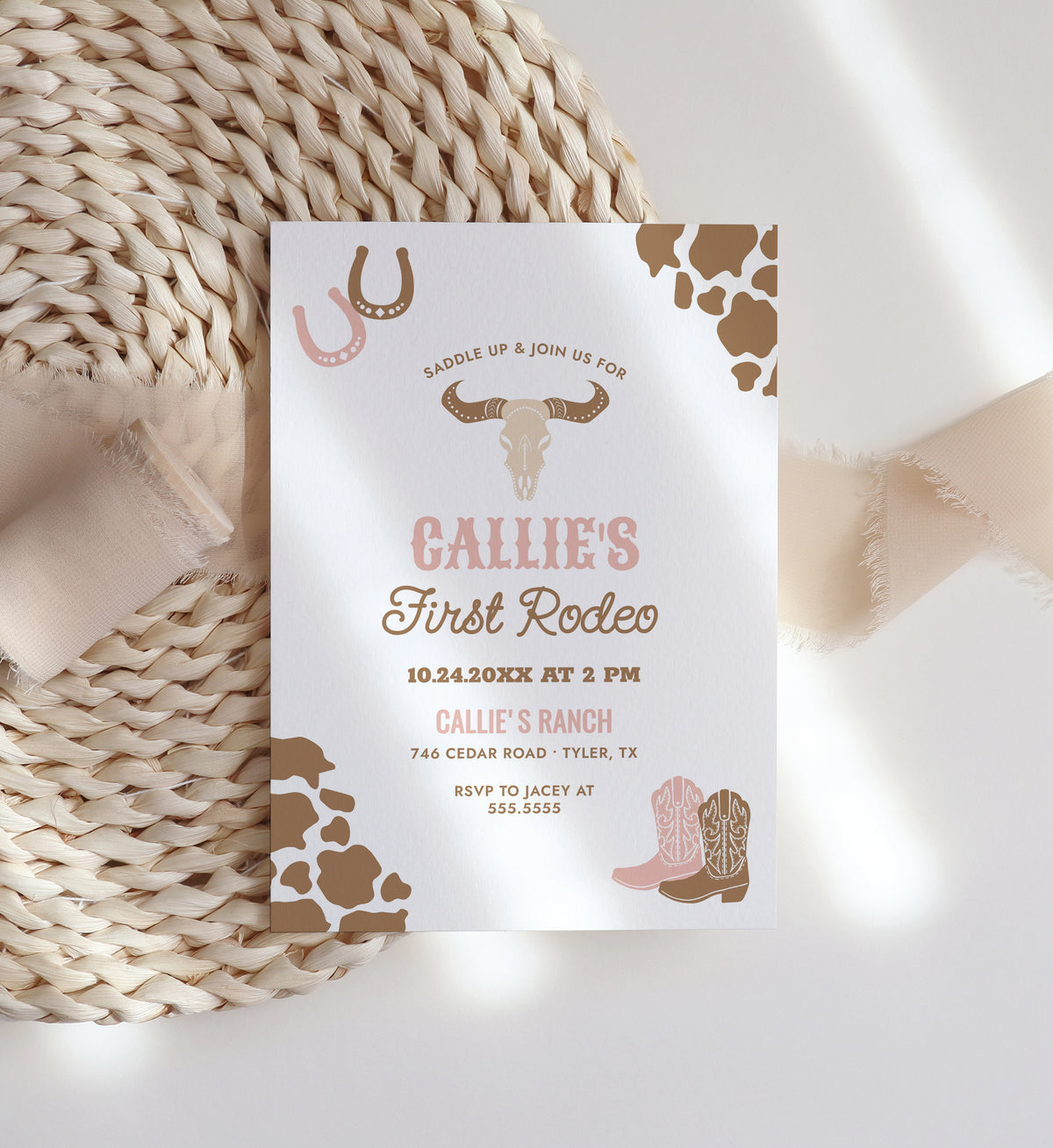 Editable Pink First Rodeo Birthday Party Invitation Template