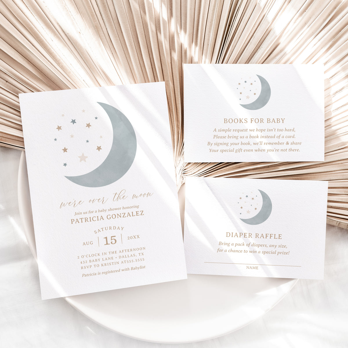 Editable Blue Over the Moon Baby Shower Invitation Suite Template - Set of 3