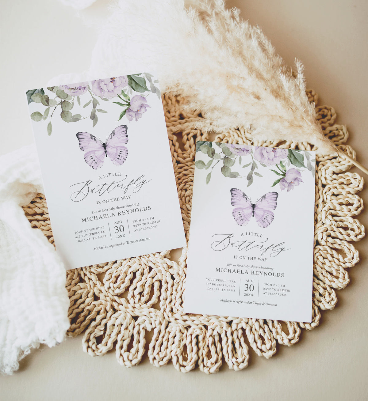 Editable Purple Butterfly Baby Shower Invitation Template