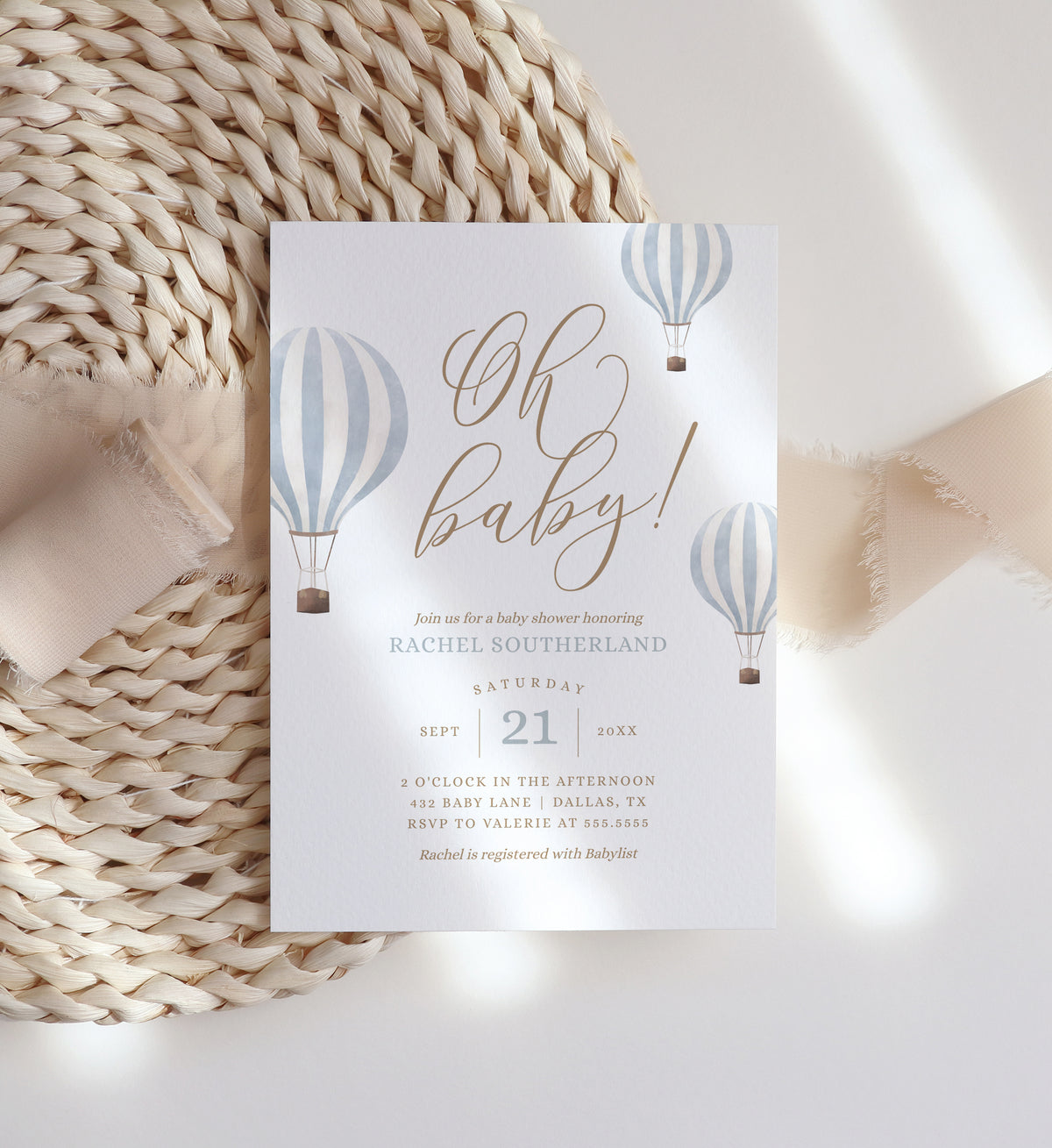 Editable Blue Hot Air Balloon Baby Shower Invitation Suite Template - Set of 3