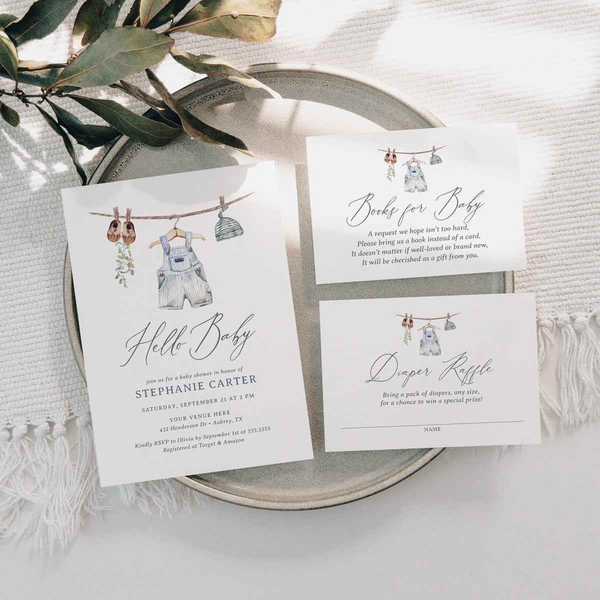 Editable Boy Baby Clothes Baby Shower Invitation Suite Template - Set of 3