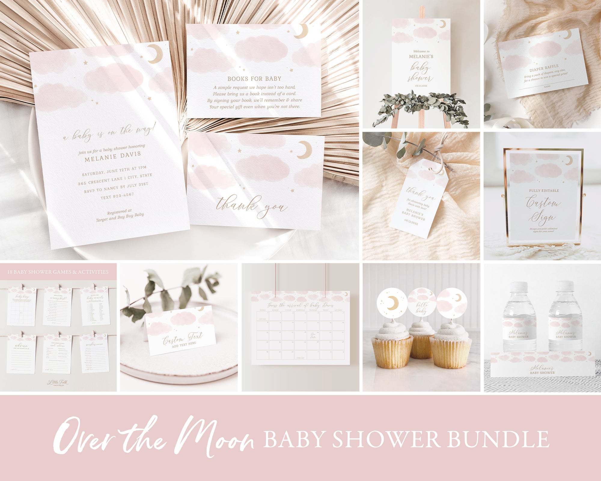 Editable Pink Over the Moon Baby Shower Invitation Bundle