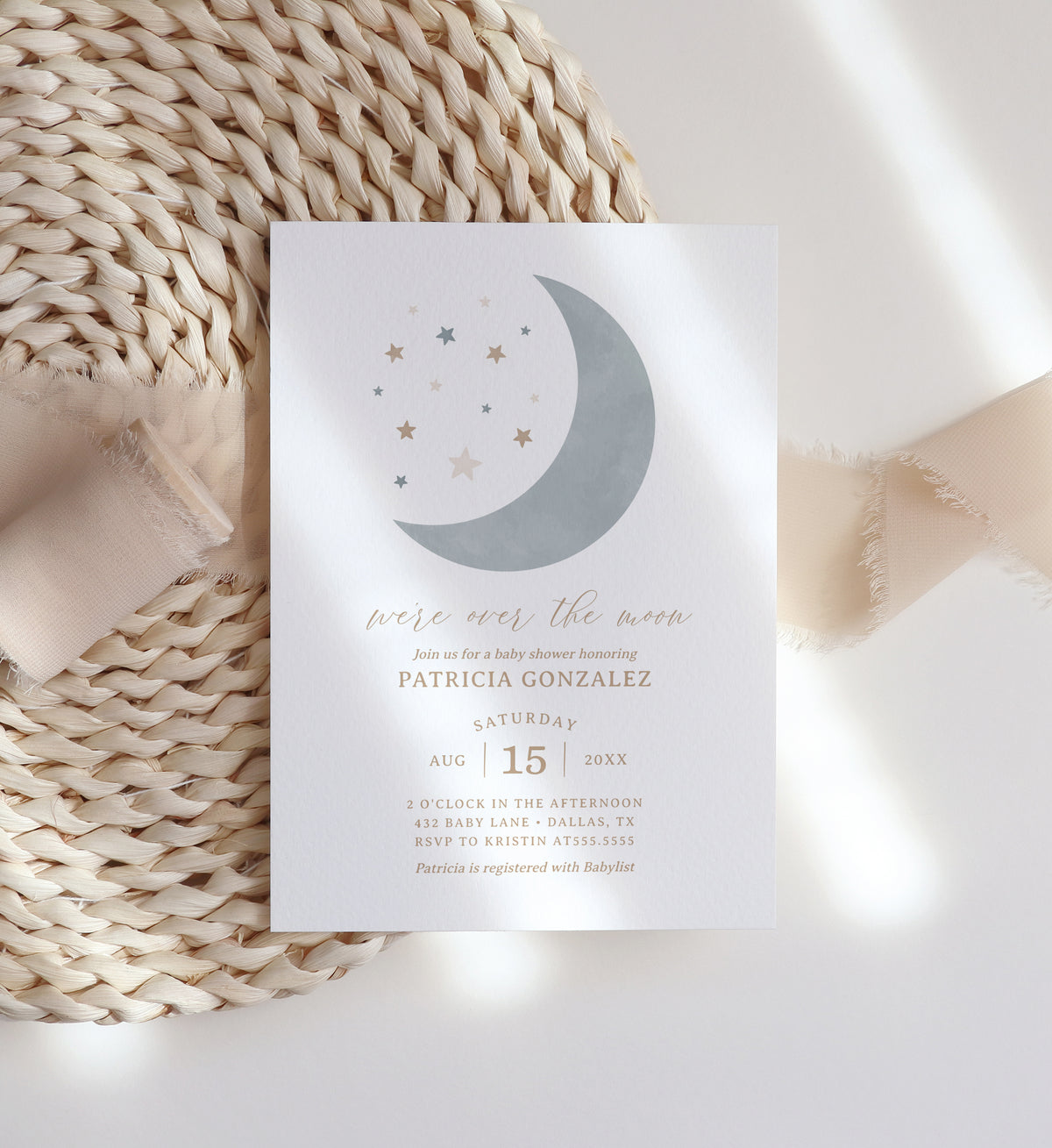 Editable Blue Over the Moon Baby Shower Invitation Suite Template - Set of 3