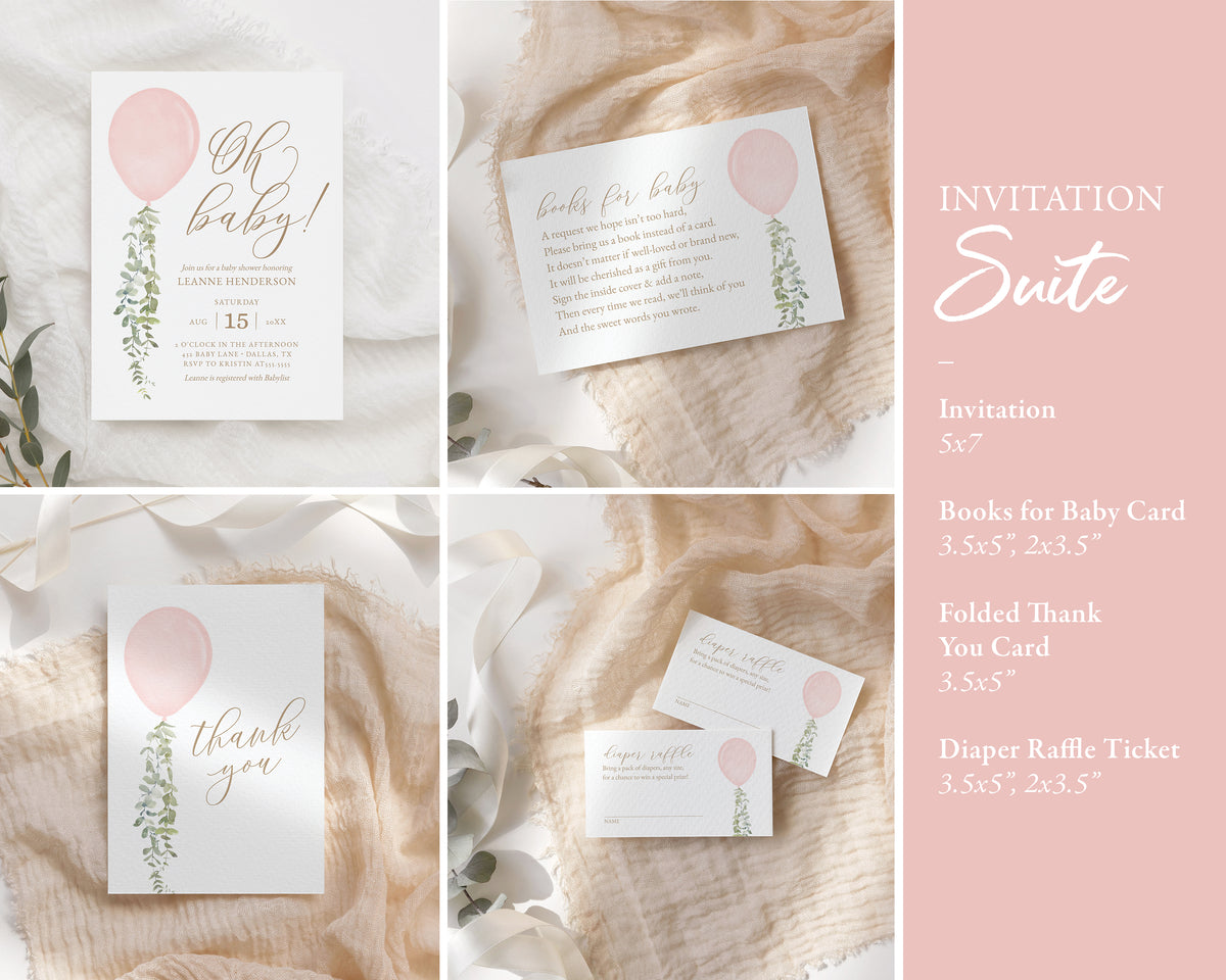 Editable Pink Balloon Baby Shower Invitation Bundle