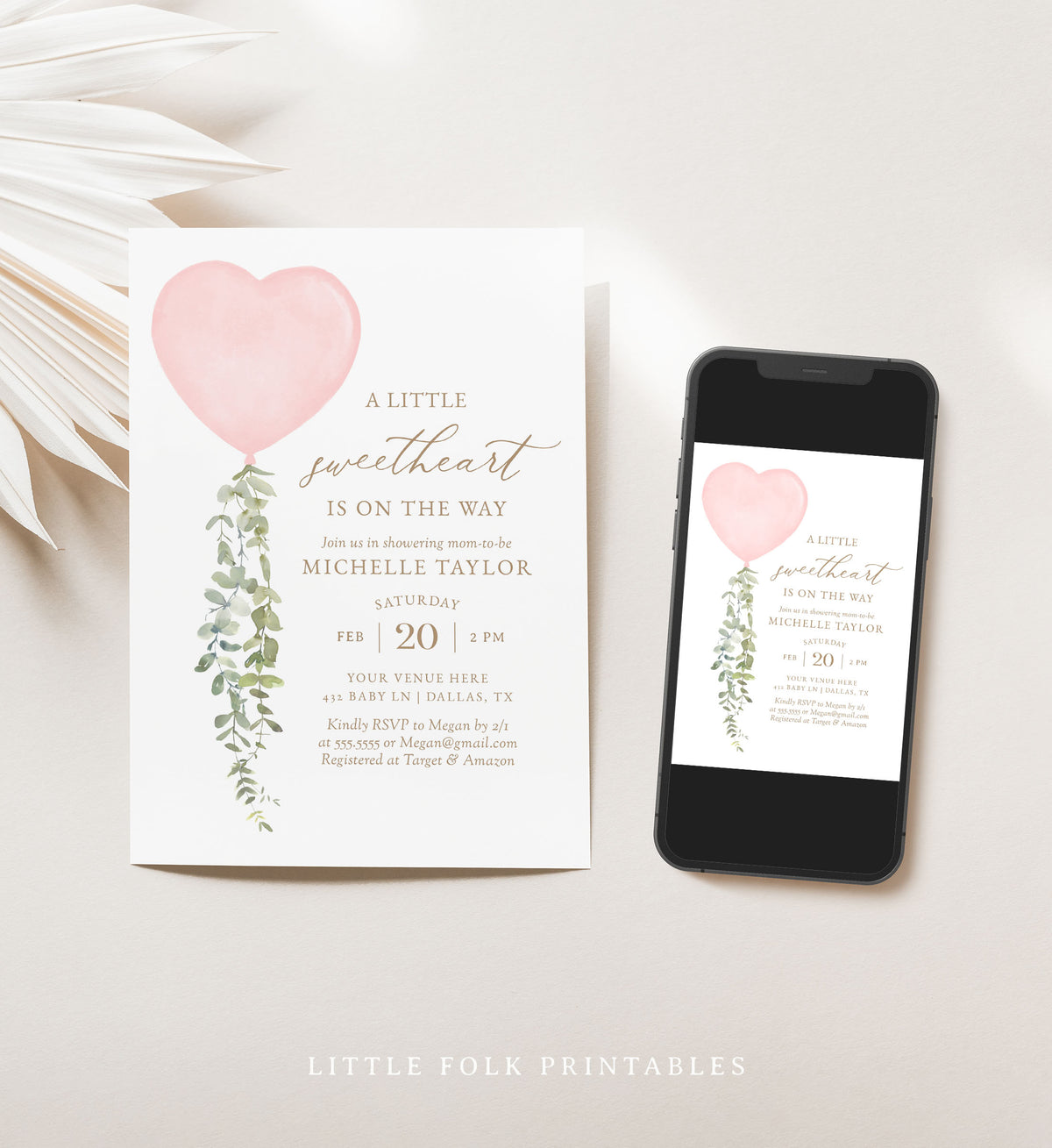 Little Sweetheart Pink Balloon Baby Shower Invitation