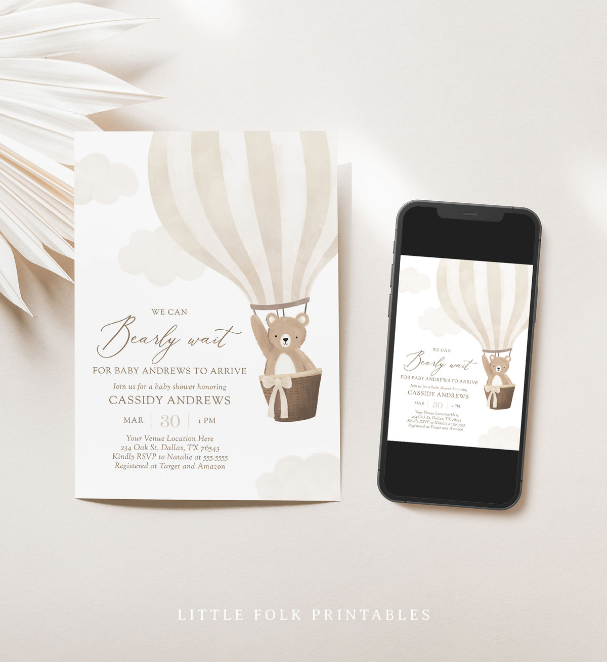 Editable Neutral Teddy Bear Hot Air Balloon Baby Shower Invitation Template