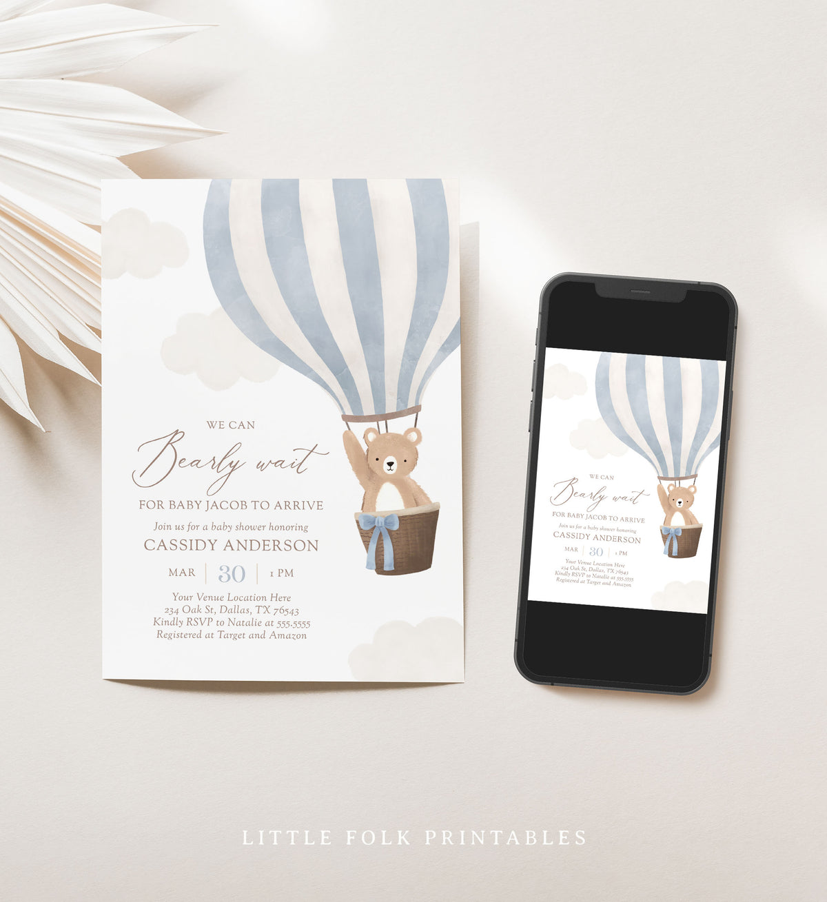 Editable Blue Teddy Bear Hot Air Balloon Baby Shower Invitation Template